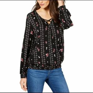 Style & Co. Womens Printed Smocked Top Black S